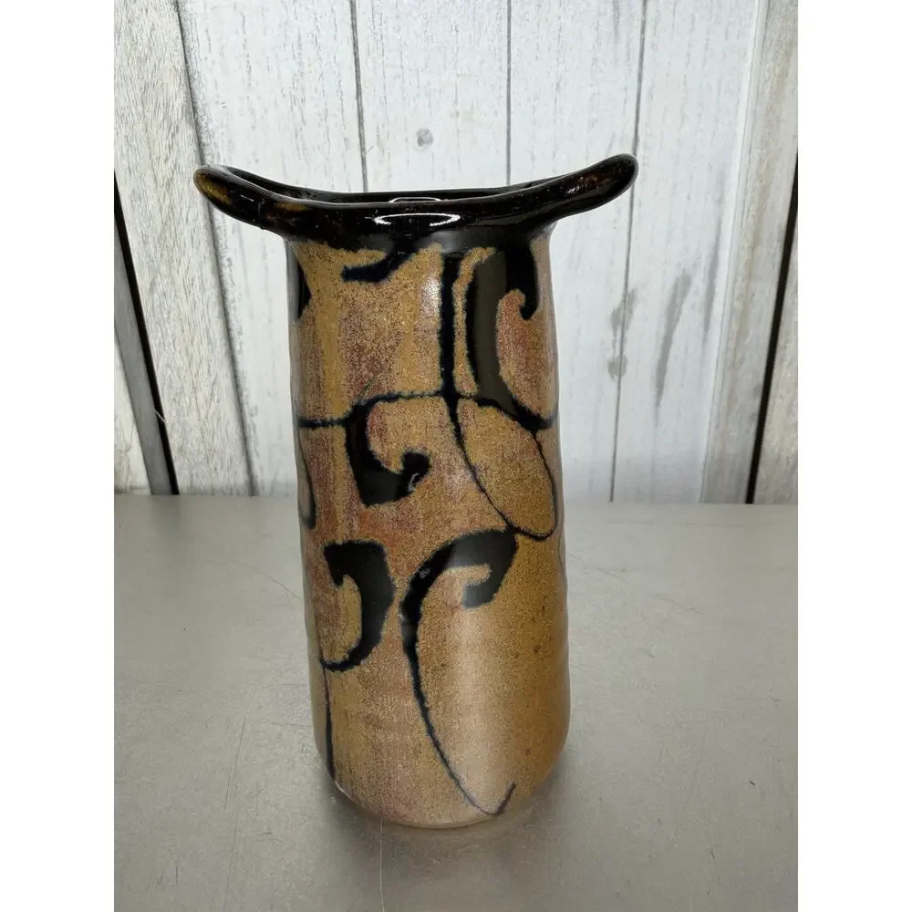 Hand Thrown Pottery Mini Vase With Handles Brown Orange Swirl 6in